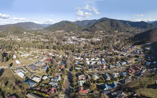 Bright and the Ovens Valley from the air, with the mountains behind
