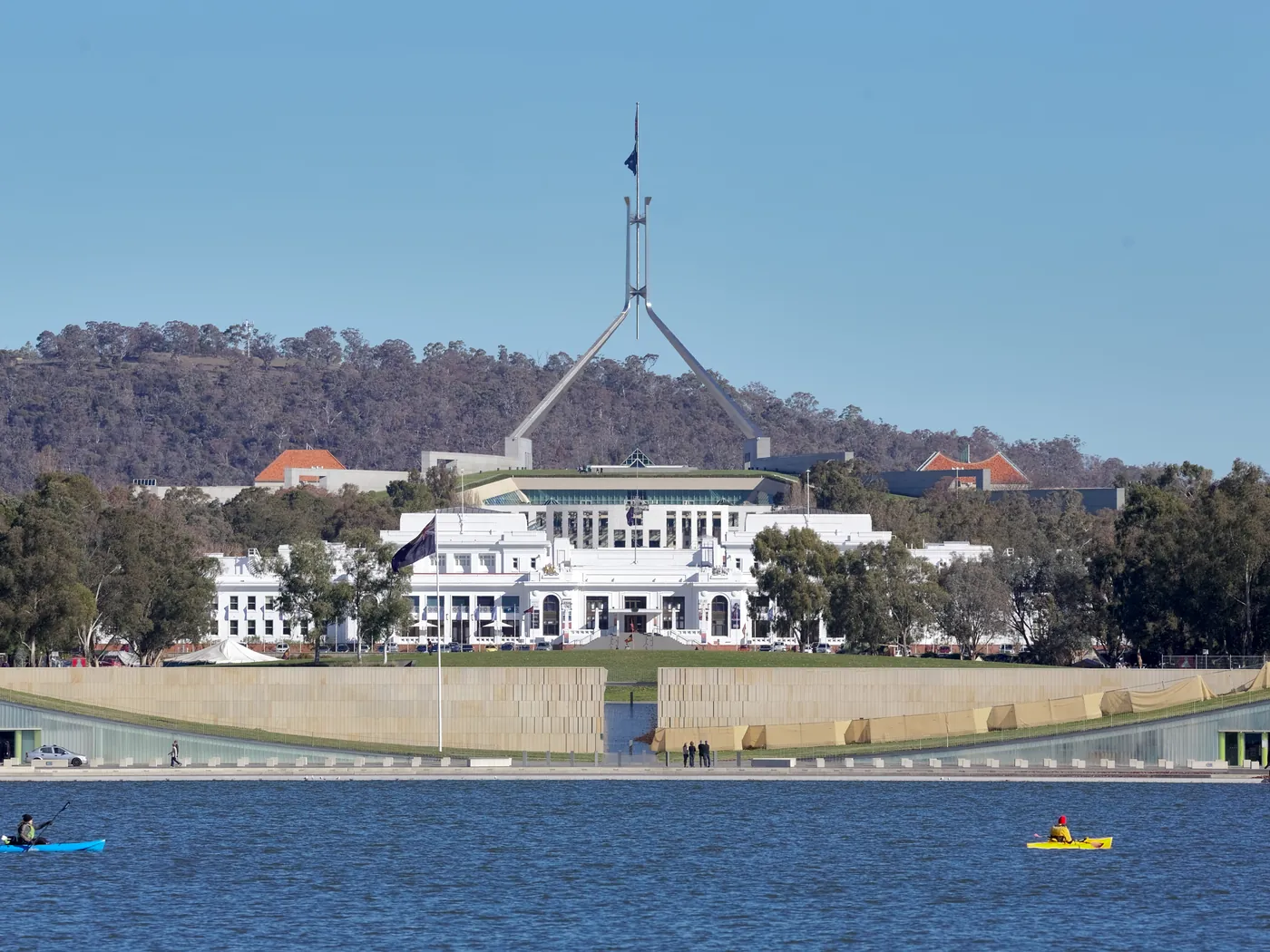 Old and new Parliament House seen across Lake Burley Griffin
