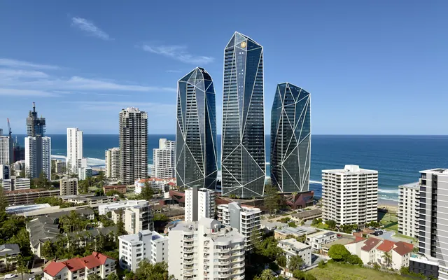 The towers of Surfers Paradise beside the Pacific Ocean, from above