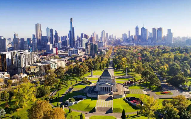 Melbourne's skyline above the Shrine of Remembrance and the Kings Domain gardens