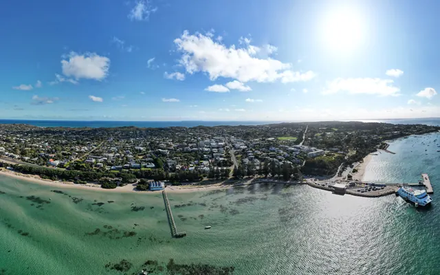 Sorrento and its pier from the air, on Port Phillip