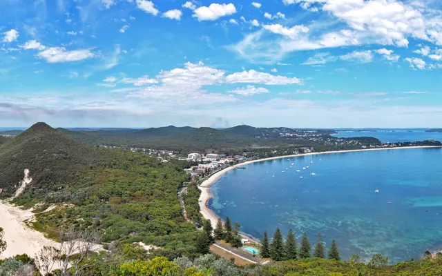 A panorama of Nelson Bay and the Port Stephens coast