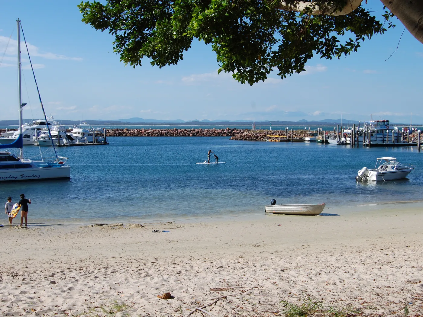 Boats moored off the beach at Nelson Bay, Port Stephens