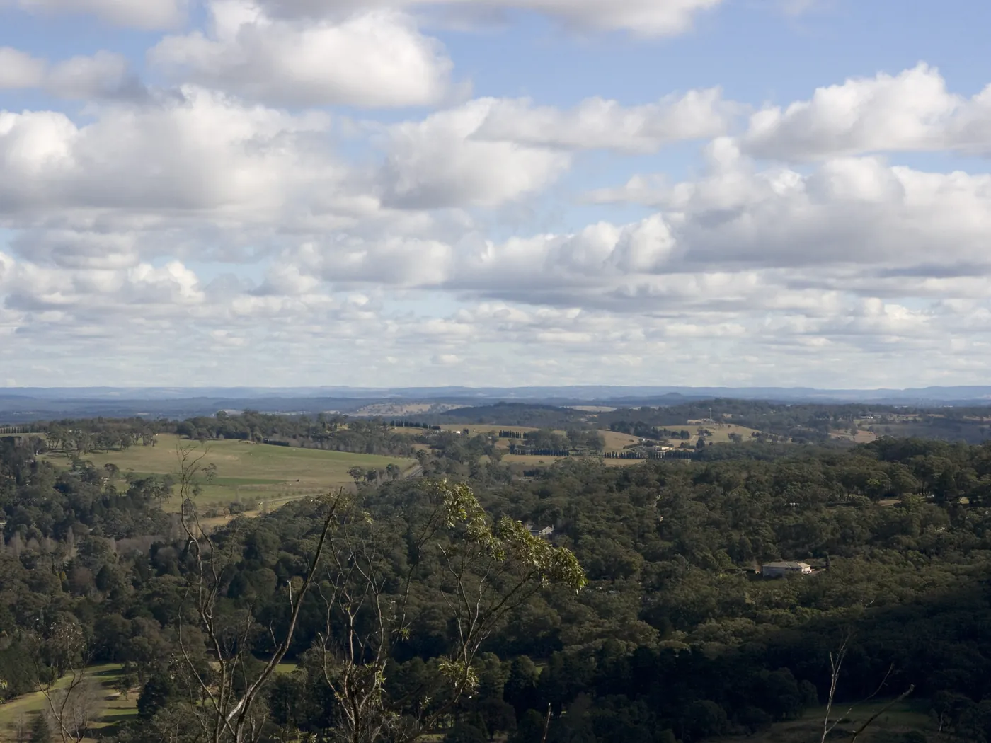 Farmland and forest across the Southern Highlands from a lookout above Bowral