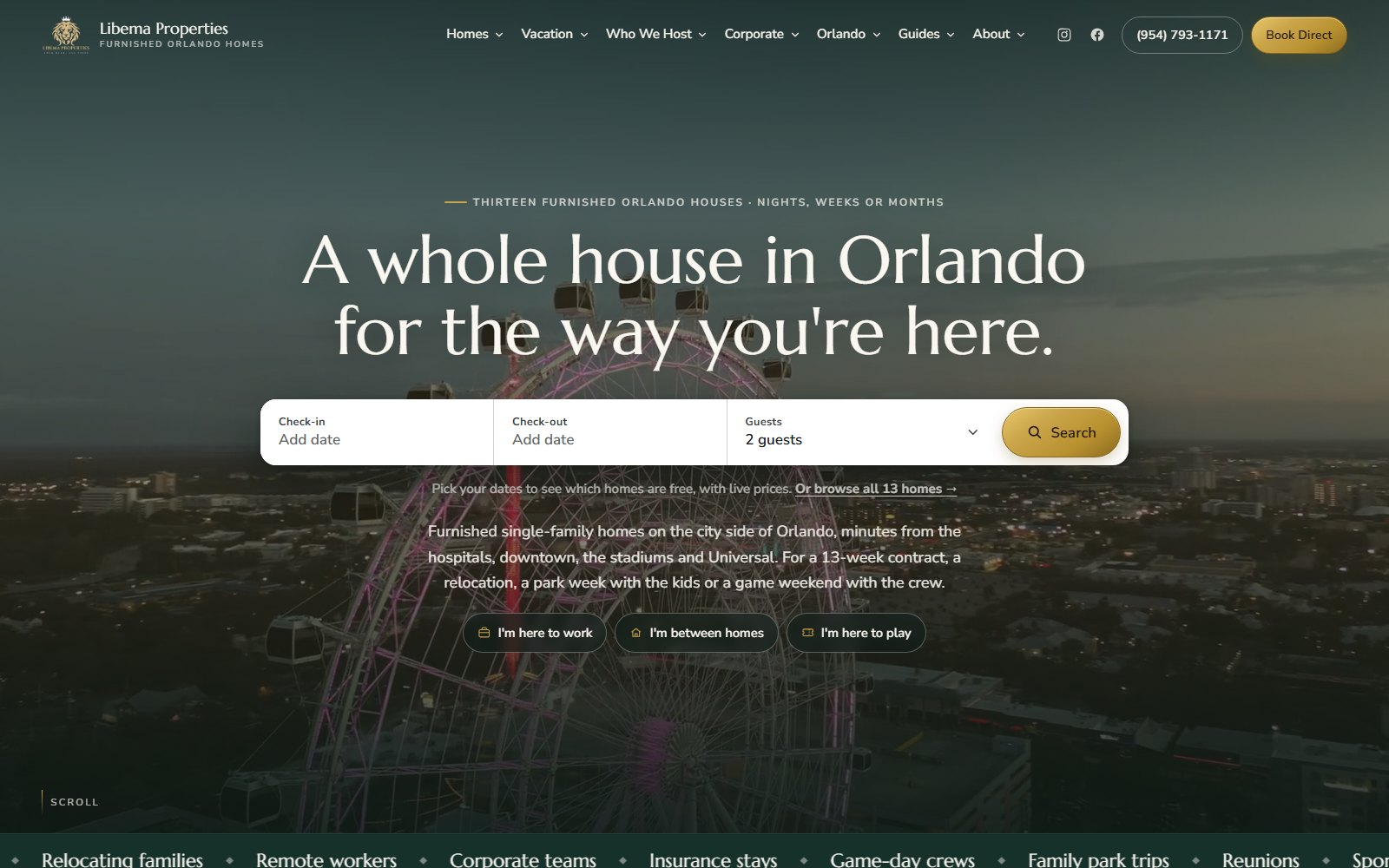 Home page of Libema Property Rentals, Orlando (runs on Hospitable)