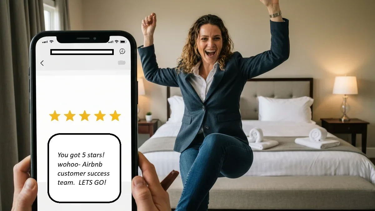 Airbnb property with five gold stars and glowing guest review on phone