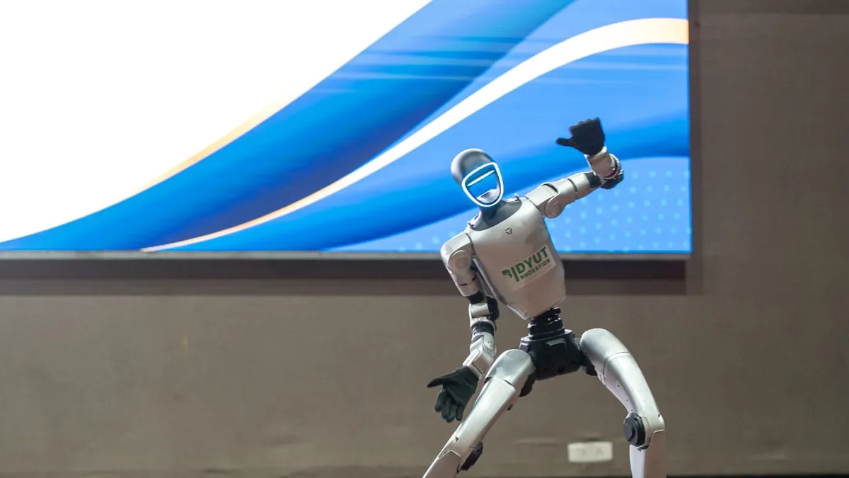 A humanoid robot on display at an international exhibition