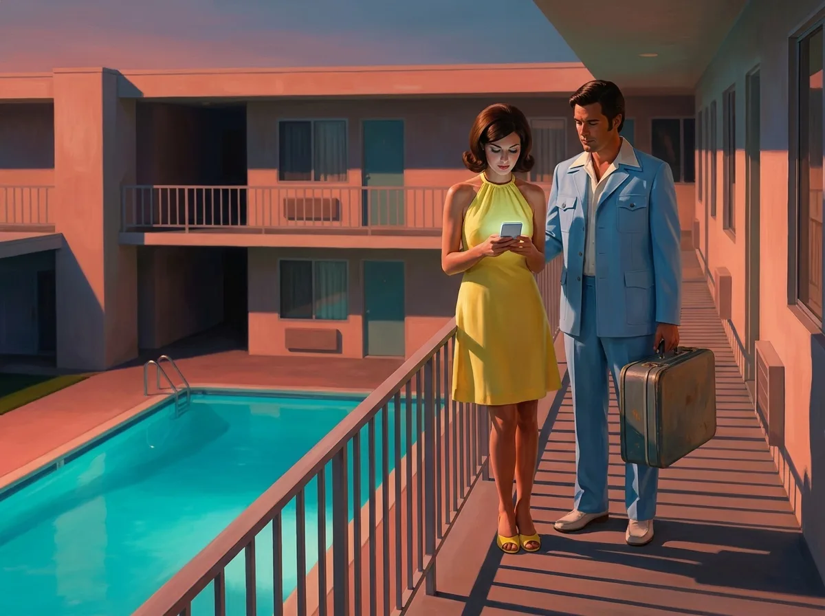 Painting of a couple in 1970s resort wear on a motel balcony at dusk, the woman looking at a modern smartphone while the man holds a vintage suitcase above a turquoise pool