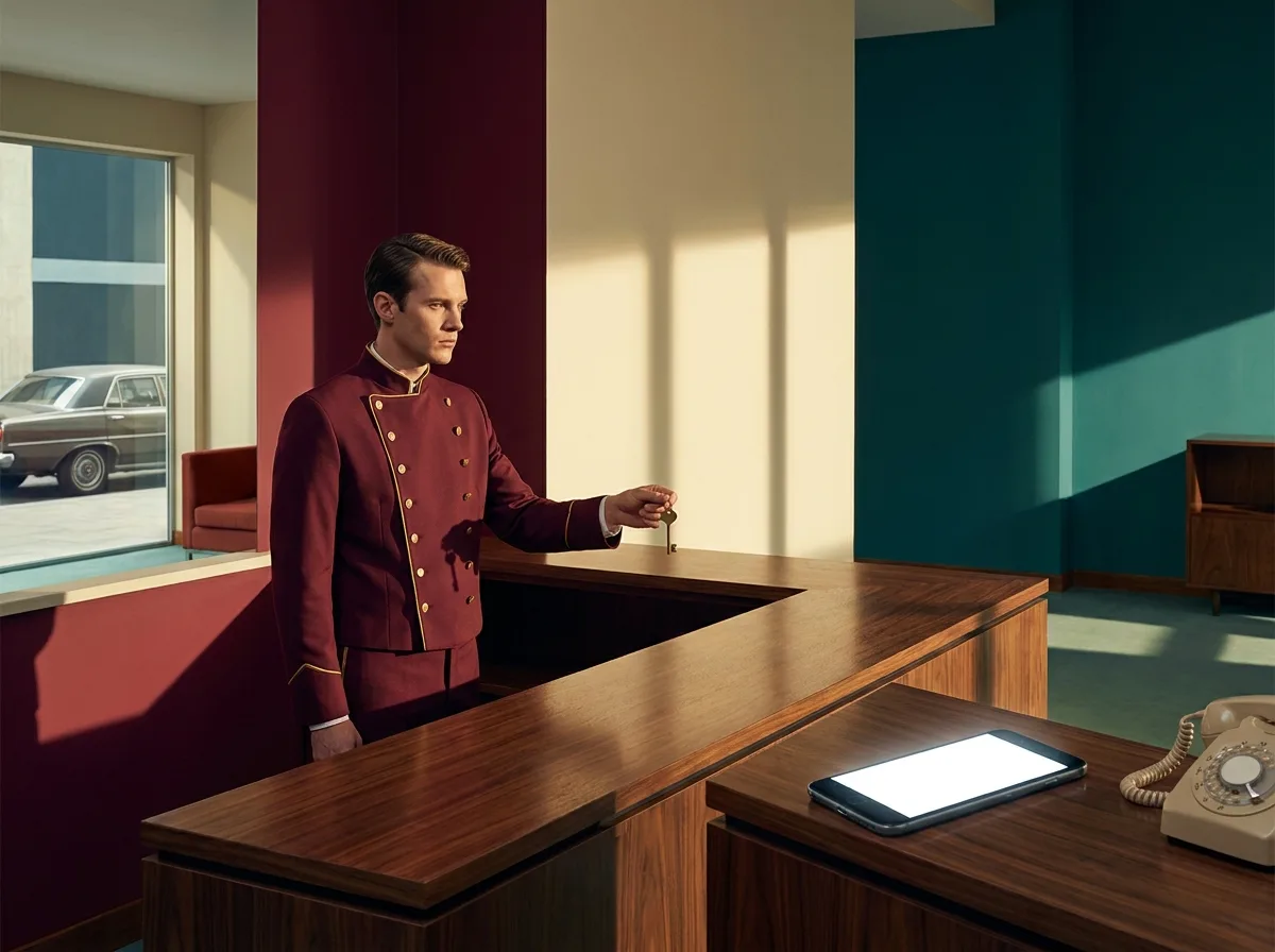 Painting of a 1970s hotel concierge in a burgundy uniform holding out a brass room key toward an empty space, a modern smartphone lying on the desk in front of him