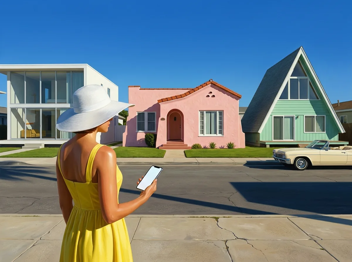 Painting of three different vacation homes on a sunny 1970s street, a white modernist beach house, a pink stucco bungalow and a mint A-frame, with a woman in a lemon sundress looking at them while holding a smartphone