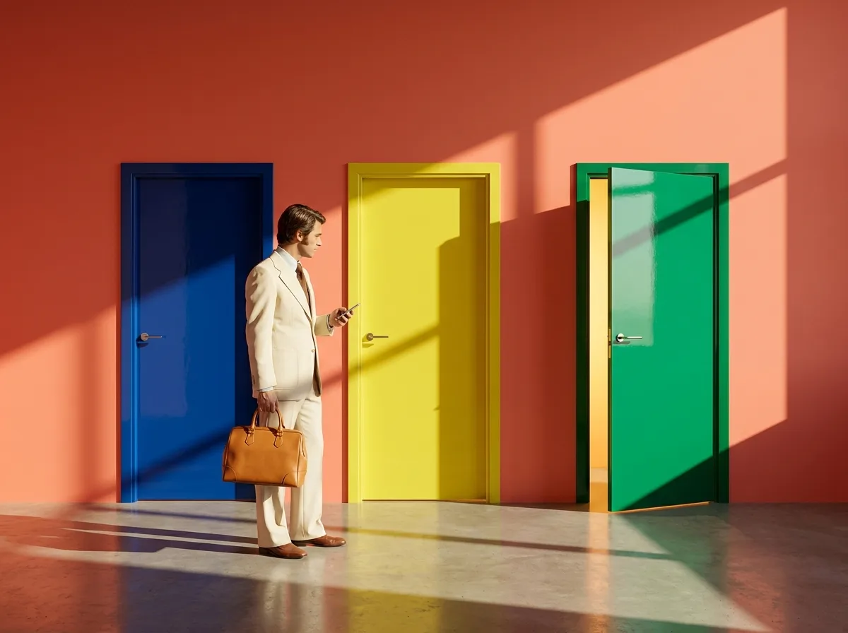 Painting of three glossy doors in a coral wall, painted cobalt, lemon and emerald, the emerald one open with sunlight spilling out, a man in a cream suit with a tan handbag deciding which to take