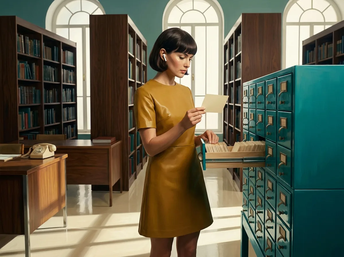 Painting of a woman in a mustard 1970s dress reading a card from an open drawer of a lacquered teal card-catalog cabinet, a small white earbud in her ear