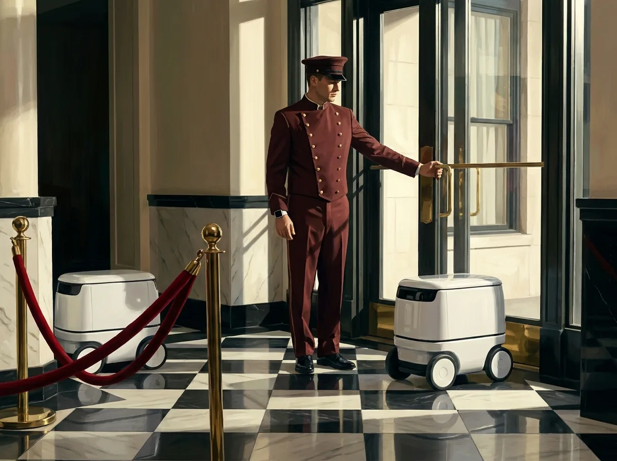 Painting of a 1970s doorman in an oxblood uniform holding an art-deco door open for a small white delivery robot while a second robot waits behind a velvet rope