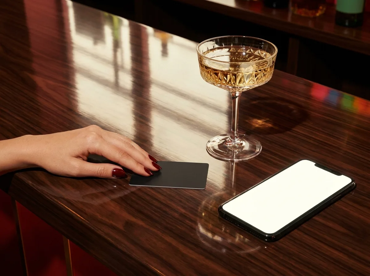 Painting of a woman's hand with red nail polish sliding a blank black card across a glossy walnut bar counter beside a smartphone and a champagne coupe