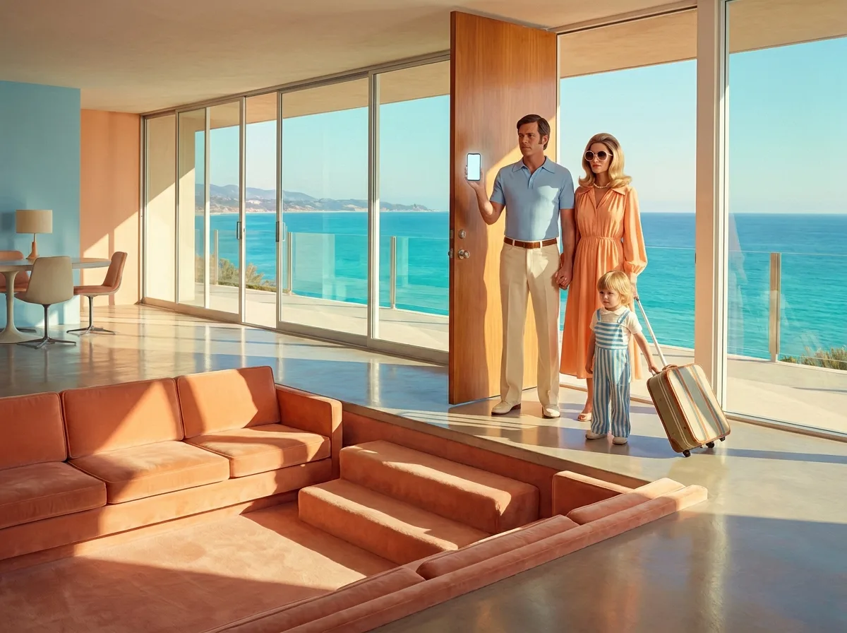 Painting of a family in 1970s pastel vacation clothes arriving at a sunlit modernist rental with an apricot velvet conversation pit and a turquoise sea view, the father holding a smartphone