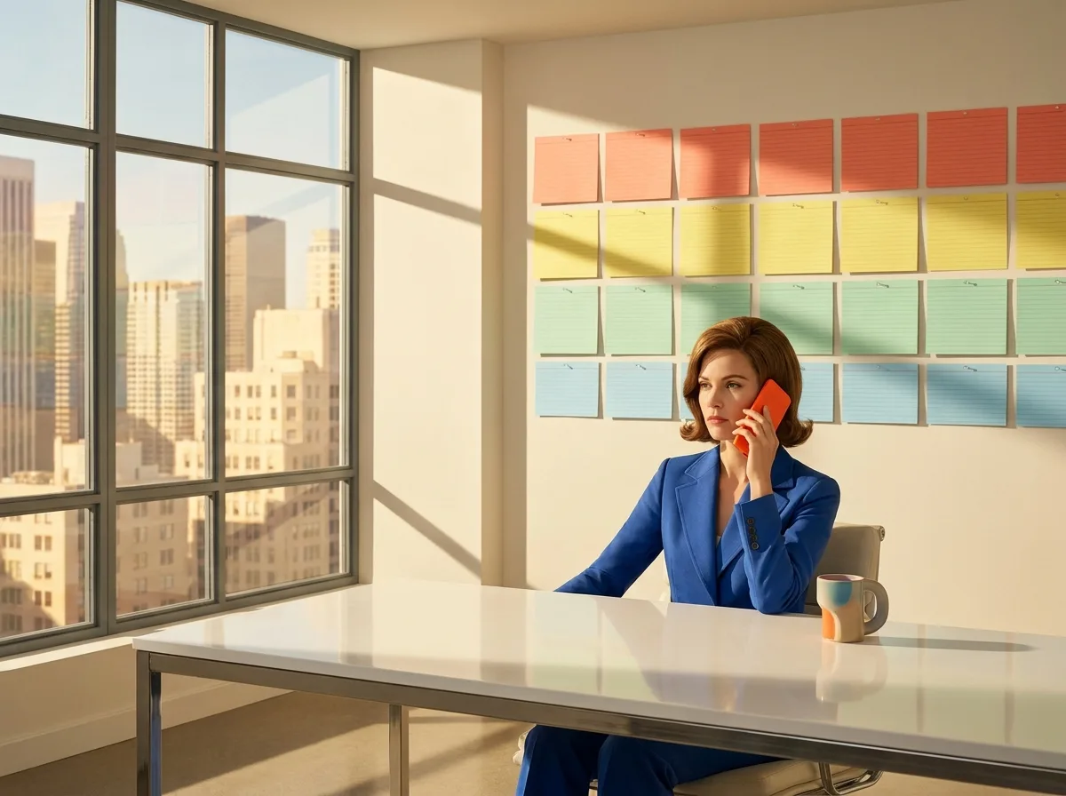 Painting of a woman in a cobalt 1970s pantsuit at a glossy white desk holding an orange smartphone, a wall behind her covered in a grid of blank colored index cards