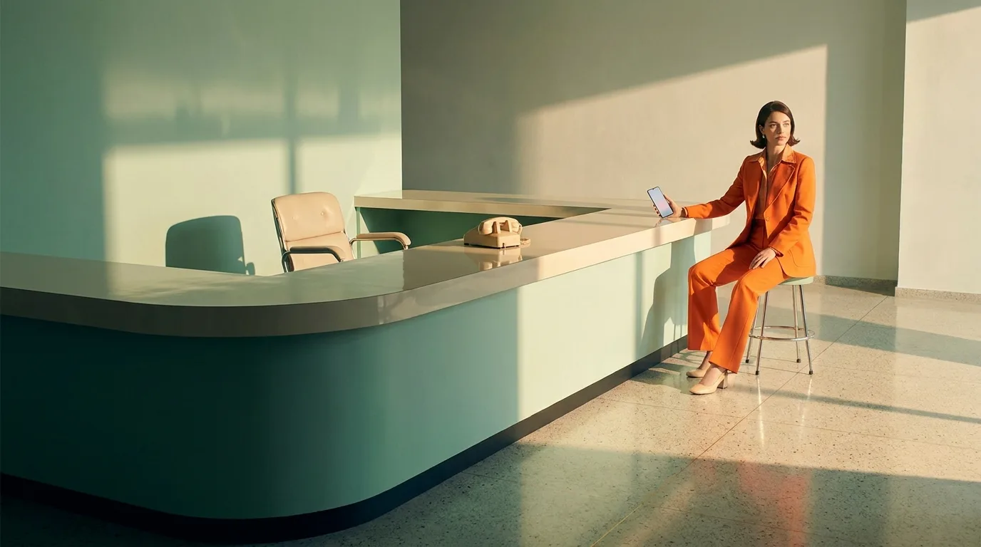Painting of a woman in a tangerine 1970s trouser suit sitting alone at a long empty travel-agency counter in a terrazzo lobby, holding a modern smartphone, an unused rotary telephone on the counter