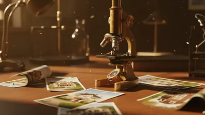 A brass microscope on a desk over printed photos of vacation homes