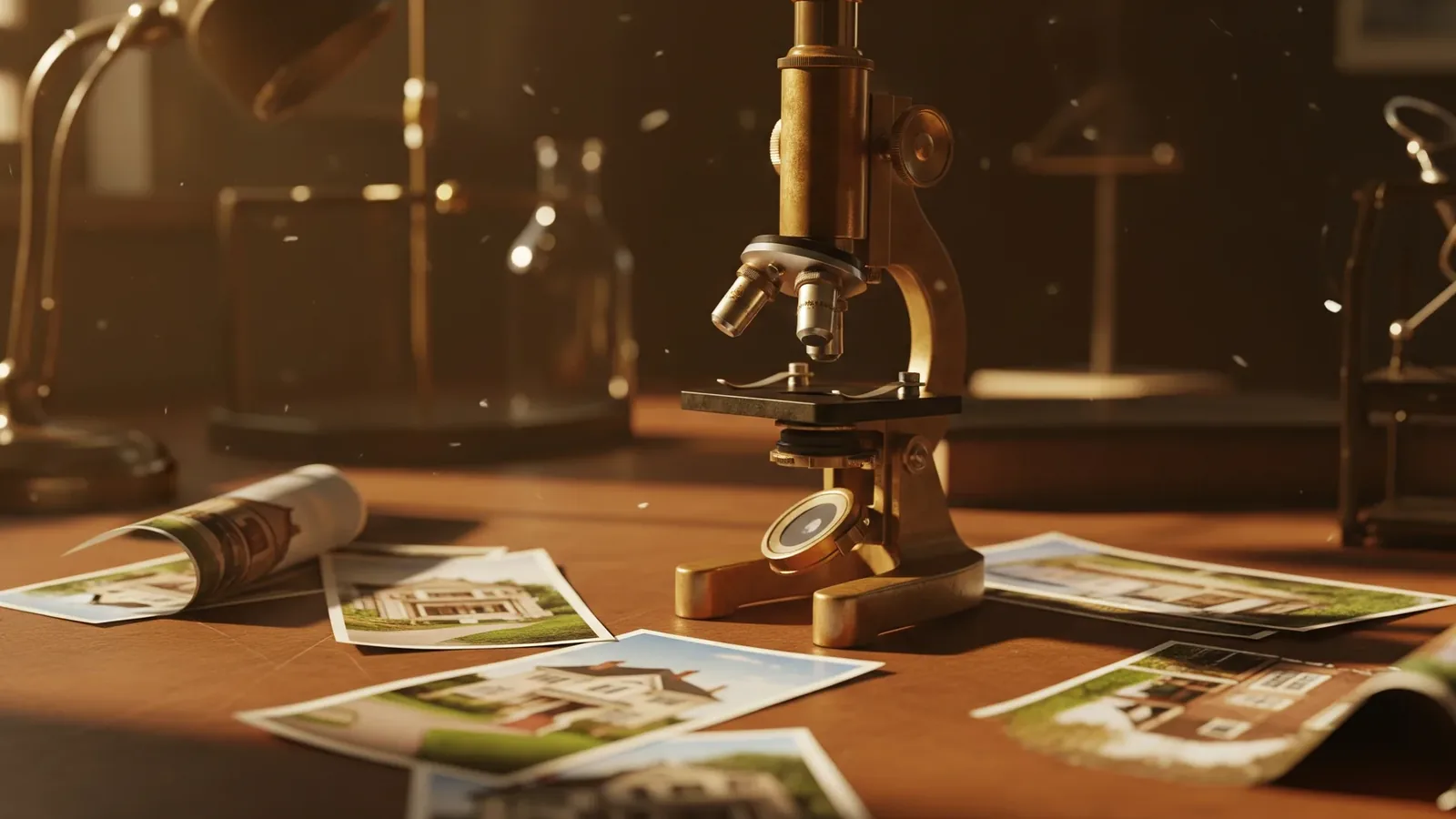 A brass microscope on a desk over printed photos of vacation homes