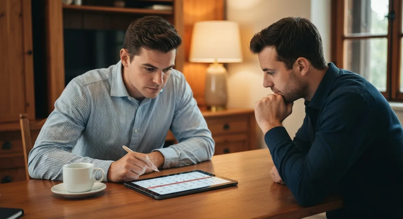 A host studying a booking calendar on a tablet at a warm desk with coffee, weighing cancellation-policy options