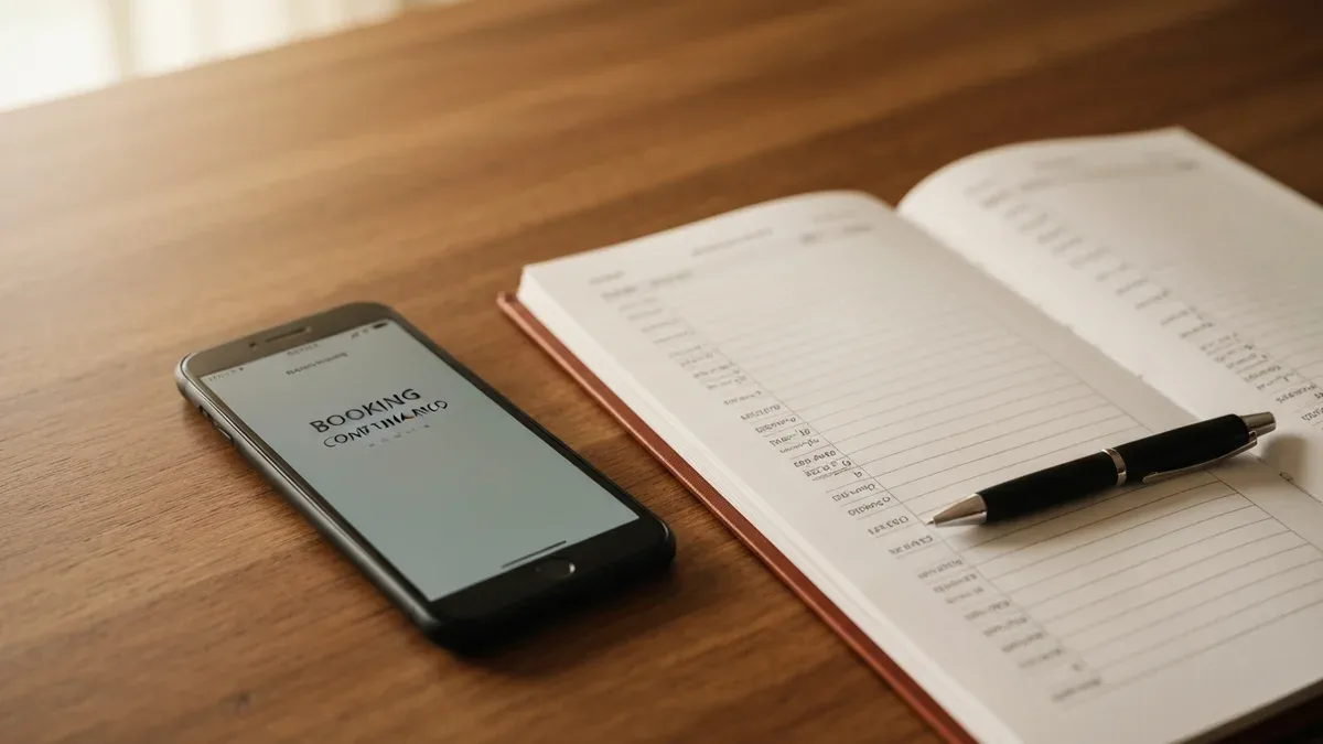 A phone showing a booking confirmation and cancellation-policy details beside a paper planner on a wooden table