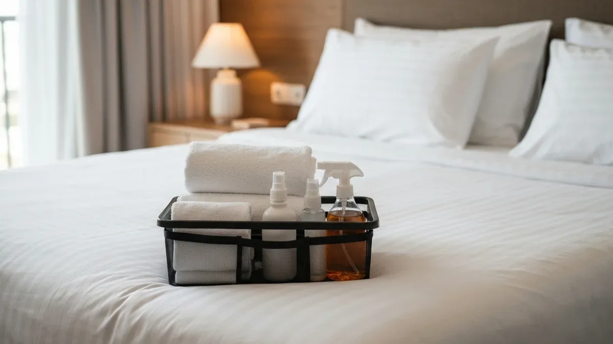 A neatly stocked cleaning caddy with folded white towels and toiletries resting on a freshly made bed