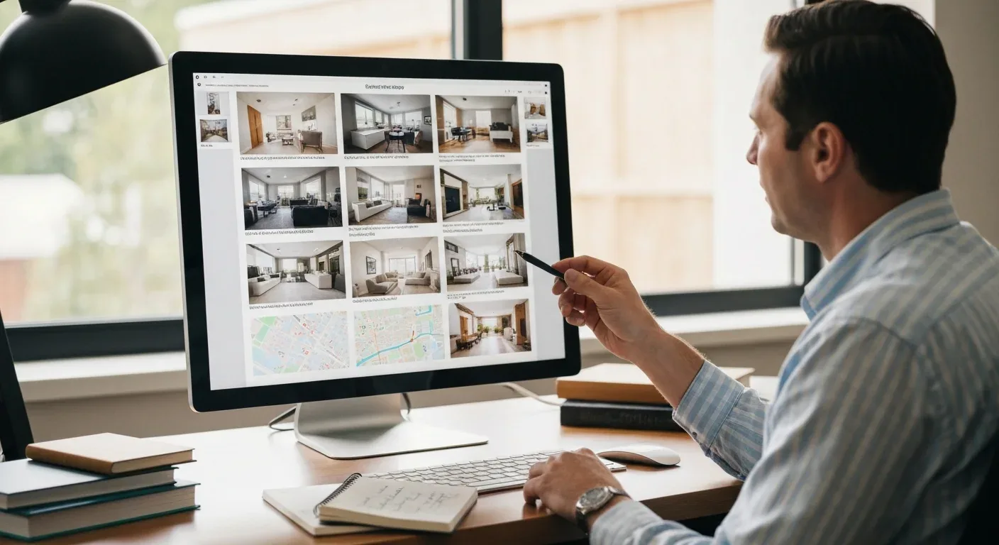 A host comparing several competing rental listings on a large monitor beside a neighborhood map and a notepad
