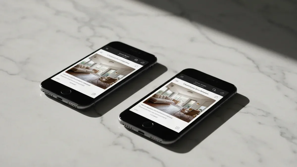 Two phones side by side showing two comparable vacation-rental listings with their cover photos and nightly prices