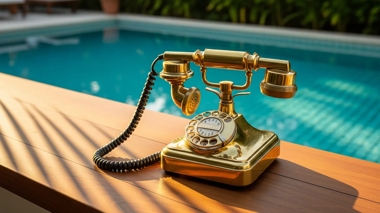 A brass rotary telephone on a poolside bar counter in late afternoon sun