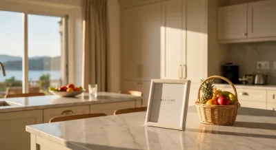A tastefully framed house-rules card on the kitchen counter of a bright vacation rental beside a small welcome basket