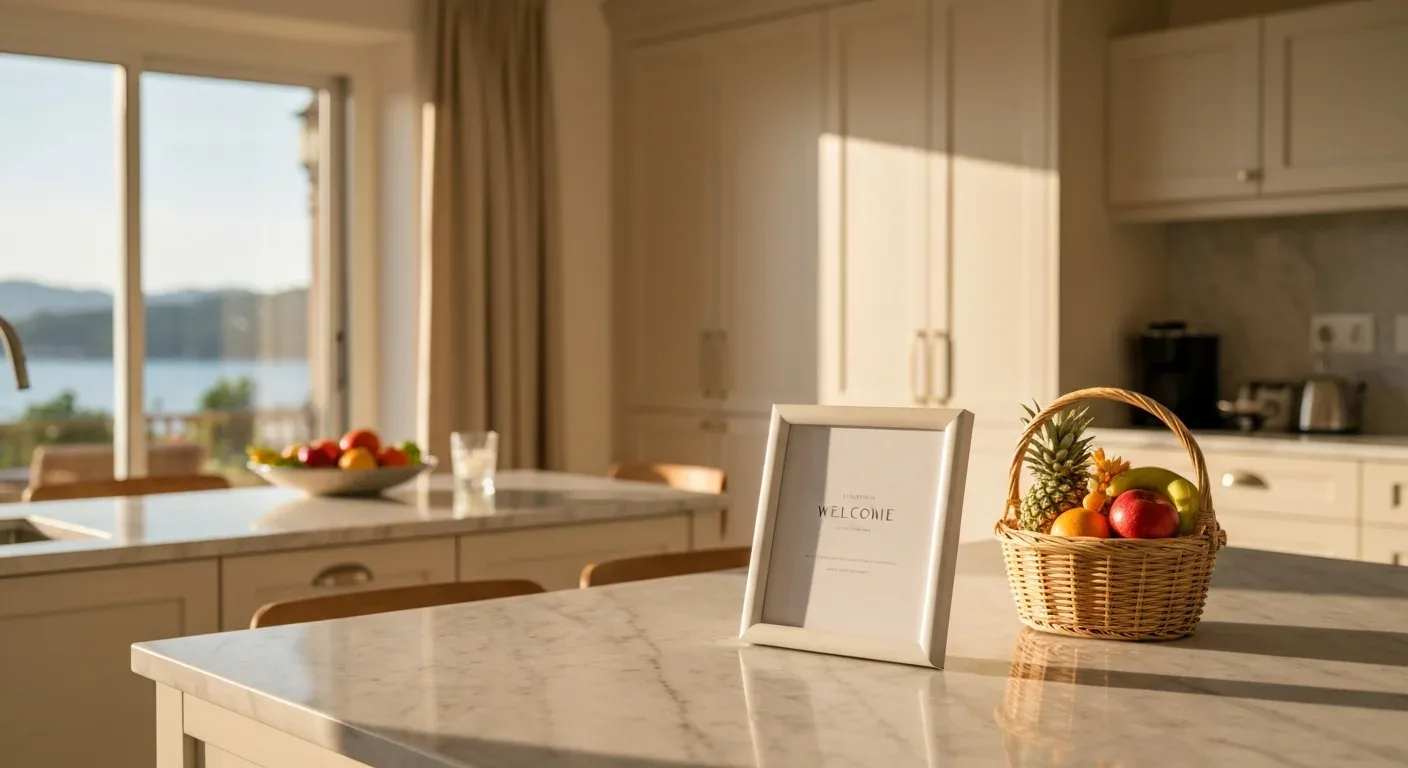 A tastefully framed house-rules card on the kitchen counter of a bright vacation rental beside a small welcome basket
