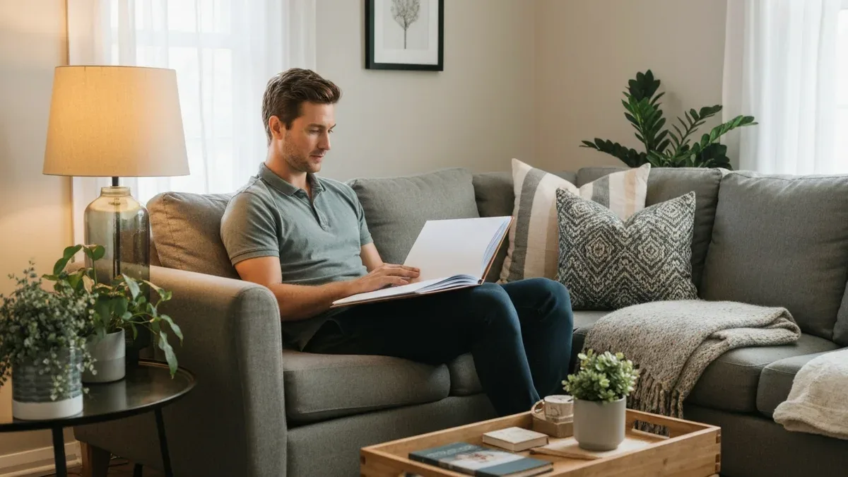 A guest relaxing on a sofa reading a welcome binder of house rules in a cozy, well-kept rental living room