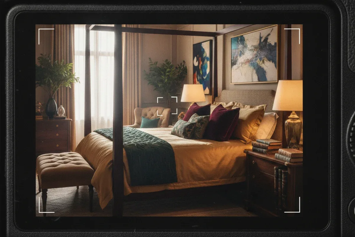 Bright staged bedroom in a vacation rental with a made bed, warm lamps on nightstands, and folded towels at the foot of the bed