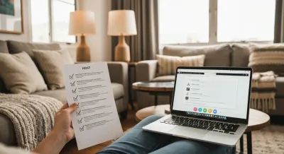 A host holding a printed checklist beside a laptop open to a listing editor in a beautifully staged rental living room