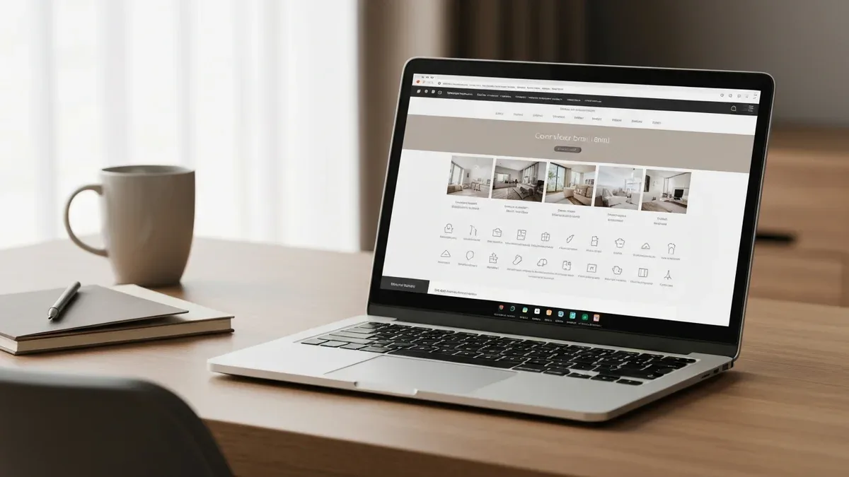 A laptop showing a well-structured vacation rental listing with cover photo, title and amenity icons on a clean desk