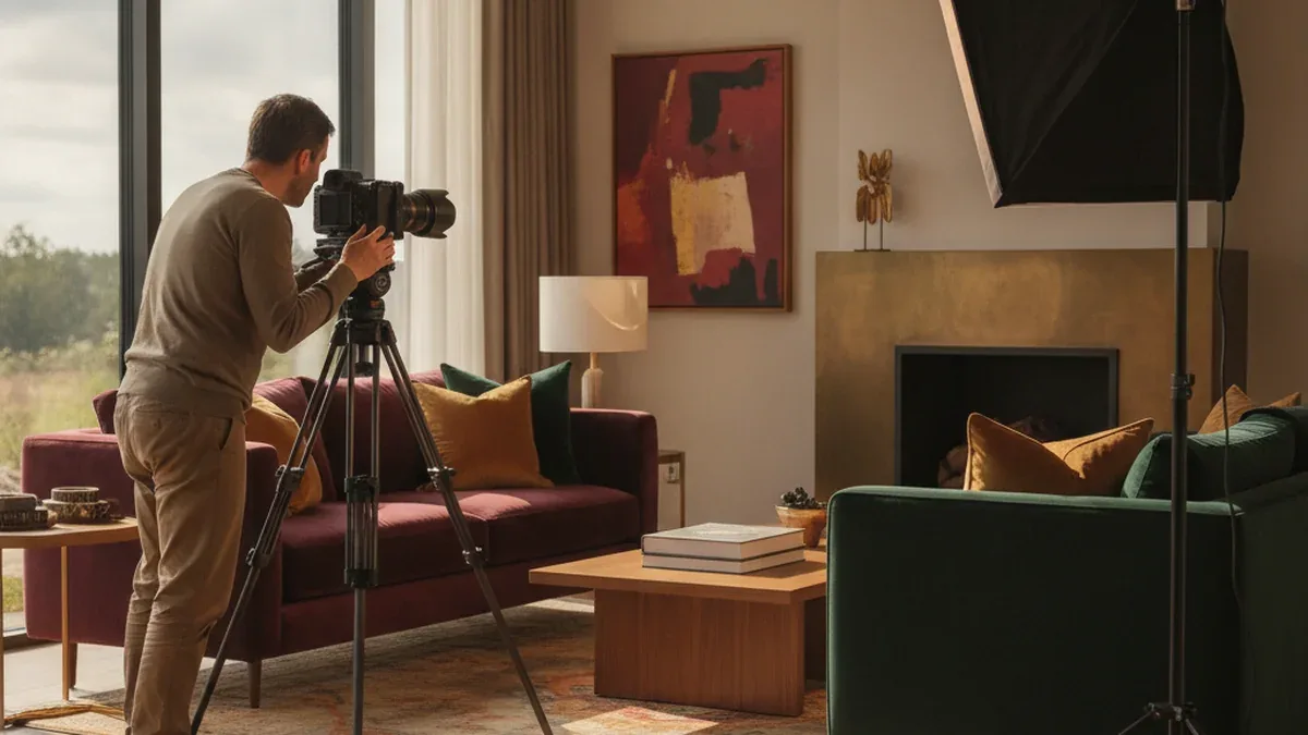Photographer shooting a bright vacation rental living room with a camera on a tripod, warm afternoon light through large windows