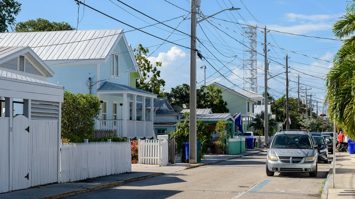 A residential street of historic homes in Key West, Florida