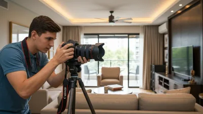 Professional photographer capturing luxury Airbnb property living room