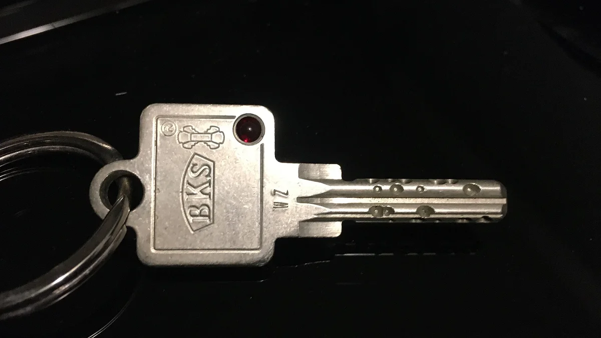 A single door key on a metal keyring against a plain background