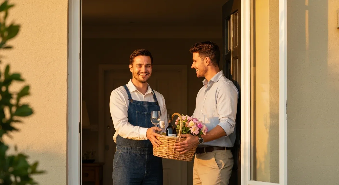 A returning guest couple welcomed at the door of a vacation rental as the host hands over a welcome basket in golden light