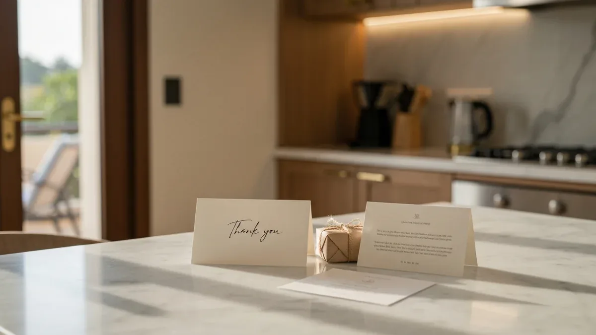 A handwritten thank-you note beside a small gift and a card with a QR code on a marble kitchen counter