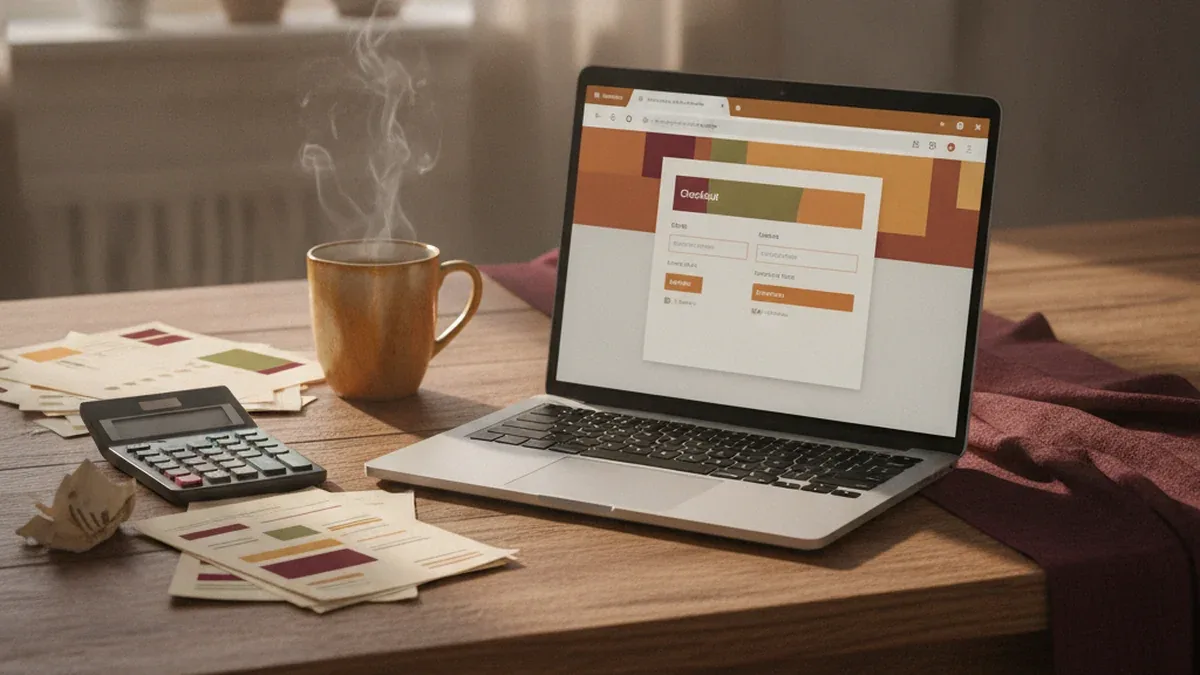 Calculator and payout statements on a desk beside a laptop showing a vacation rental booking page