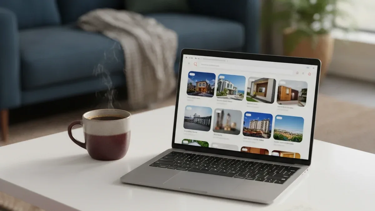 Smartphone showing a vacation rental search results screen, held on a condo balcony overlooking a Florida beach