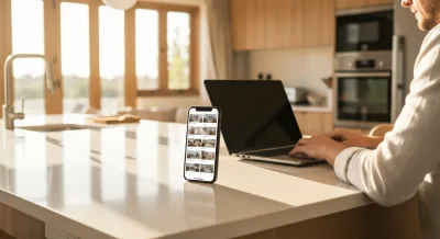 A host refining an Airbnb listing title on a laptop beside a phone showing a grid of search-result thumbnails in a bright modern kitchen