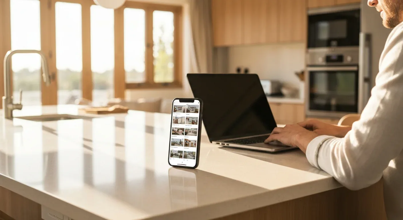 A host refining an Airbnb listing title on a laptop beside a phone showing a grid of search-result thumbnails in a bright modern kitchen