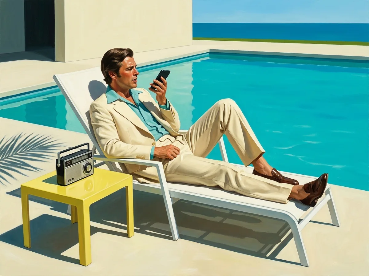 Painting of a man in a 1970s cream leisure suit on a lounge chair by a turquoise pool, holding a modern smartphone near his mouth as if asking it a question, a vintage transistor radio beside him