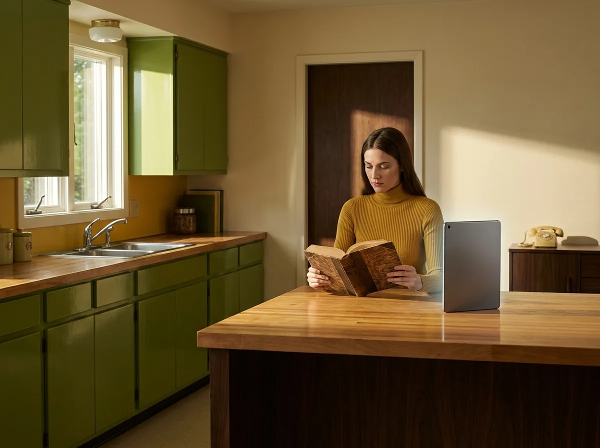 Painting of a woman in a mustard turtleneck in a 1970s avocado-green lake-house kitchen reading a thick printed house binder, a modern tablet standing lit on the counter beside her