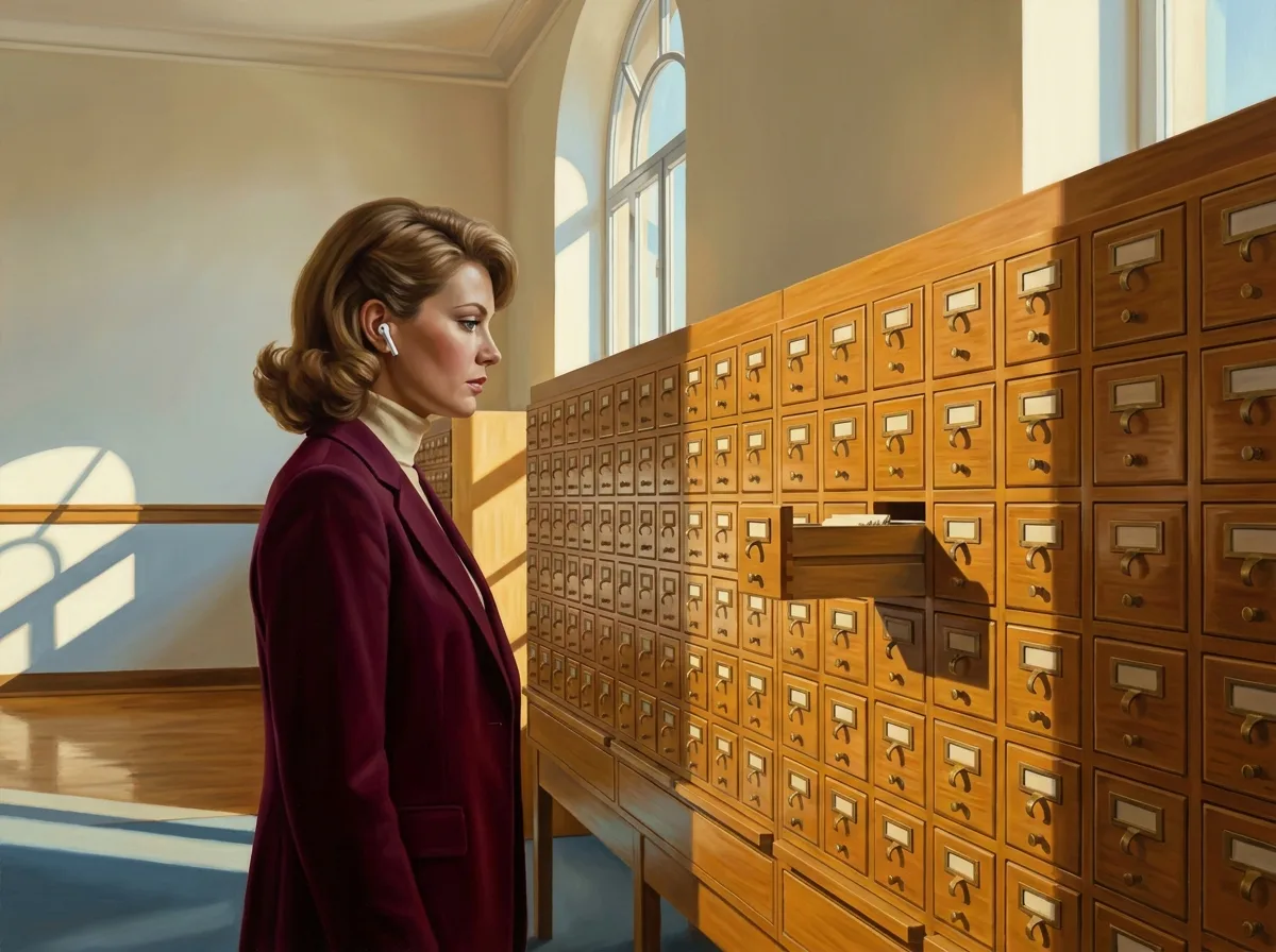 Painting of a woman in a 1970s burgundy blazer at a tall wooden library card catalog with one drawer pulled open, wearing small modern white wireless earbuds, raking window light across the floor