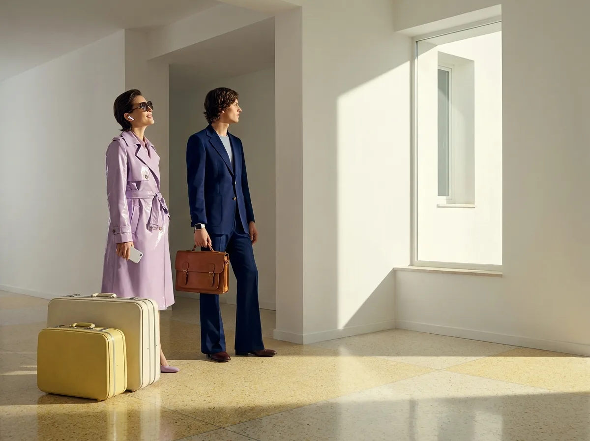 Painting of two travelers in 1970s jet-set outfits, one in a lilac trench coat and one in a navy blazer, in the white entrance hall of a modernist villa beside hard-shell suitcases, one wearing a small modern earbud