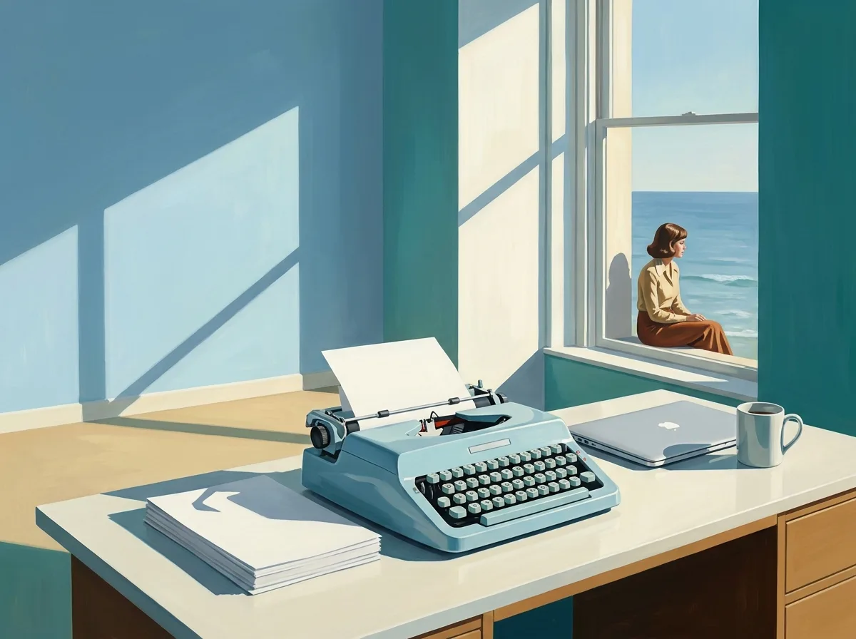 Painting of a writer's desk by a tall window in a 1970s beach house with a powder-blue manual typewriter holding a blank sheet, a stack of blank pages and a closed modern silver laptop